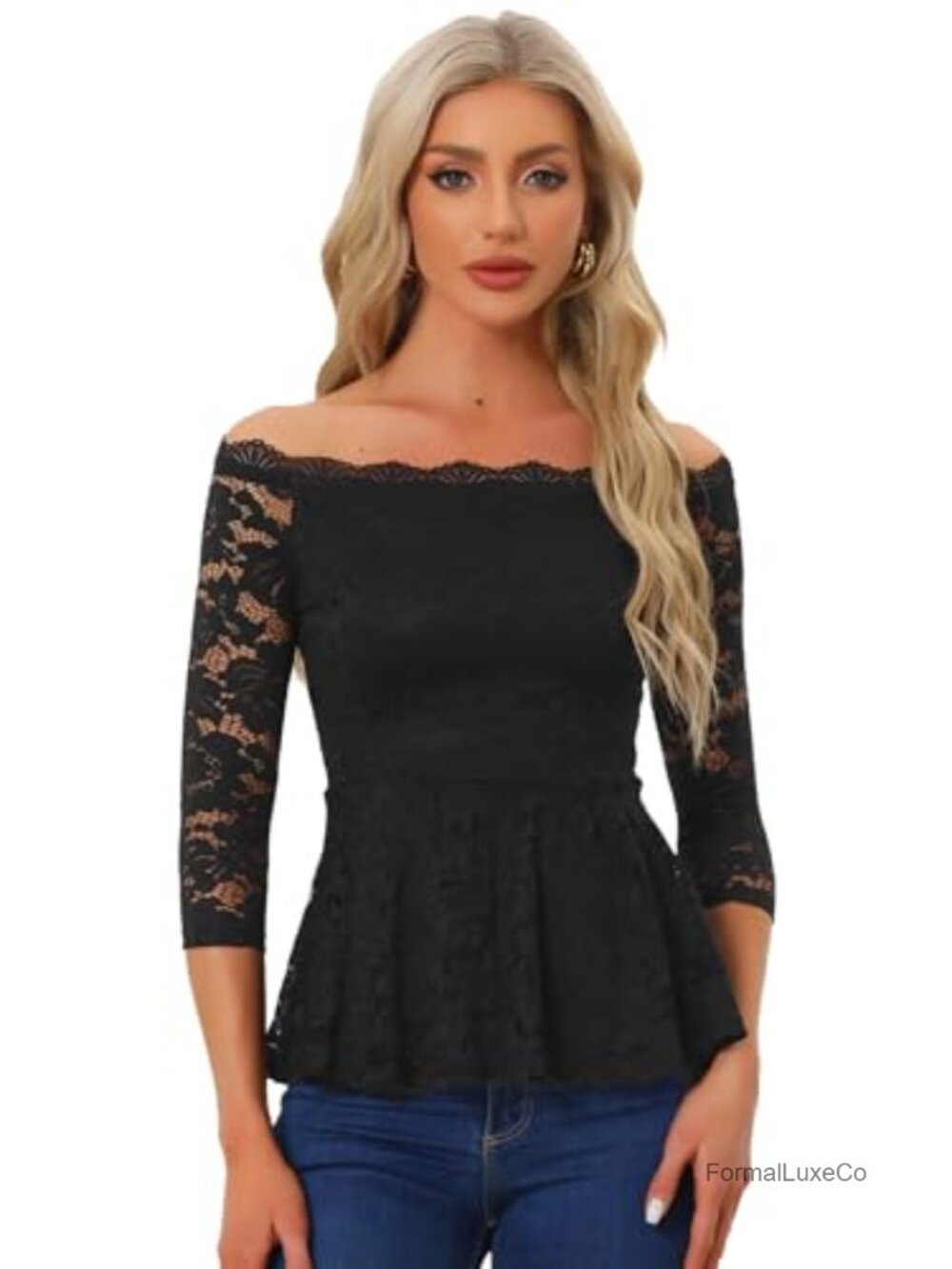 Women's Lace Blouse Semi Sheer 3/4 Sleeve Off Shoulder Peplum Top